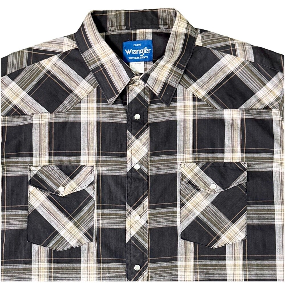 Wrangler Western Pearl Snap Shirt Mens XXL Black Brown Plaid Cowboy Rodeo